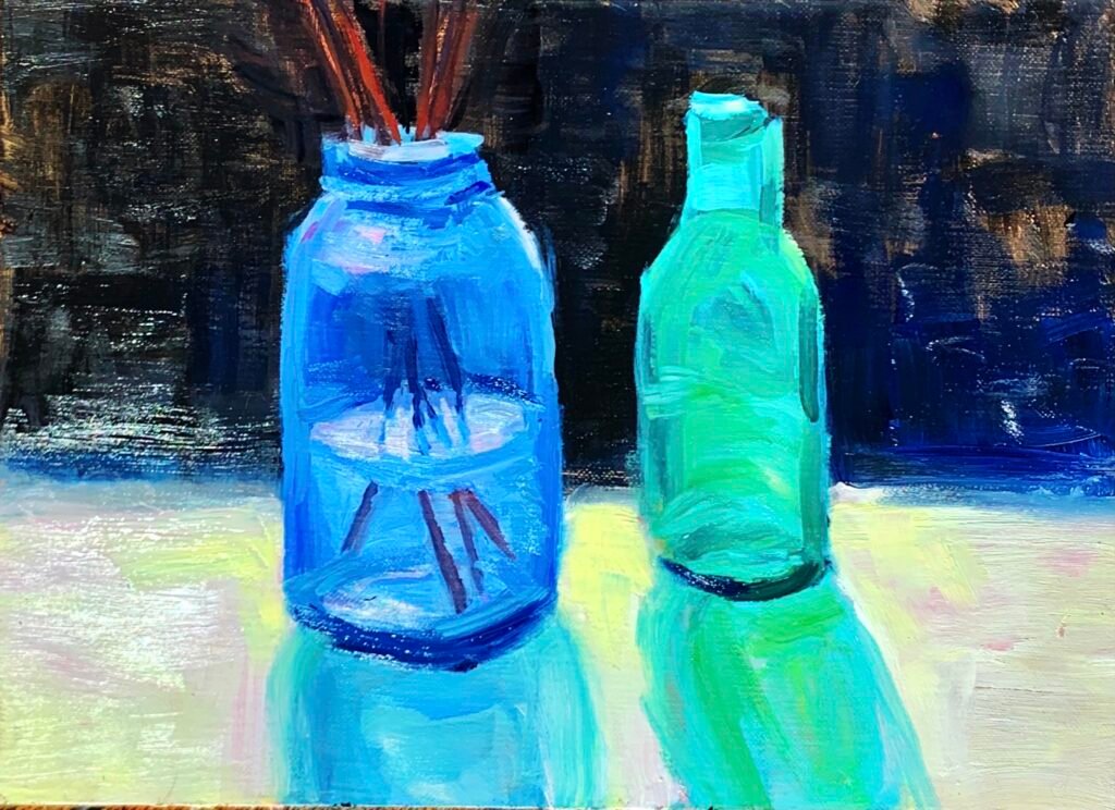 Still life study, colored glass jars with backlighting - Oil Painting 12x9 - Beth Goodman
