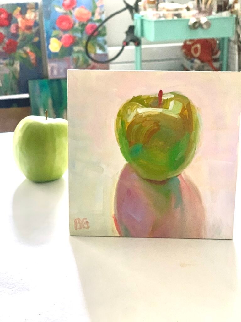 Still life study of an apple with backlighting  - Oil Paint 8x8 - Beth Goodman